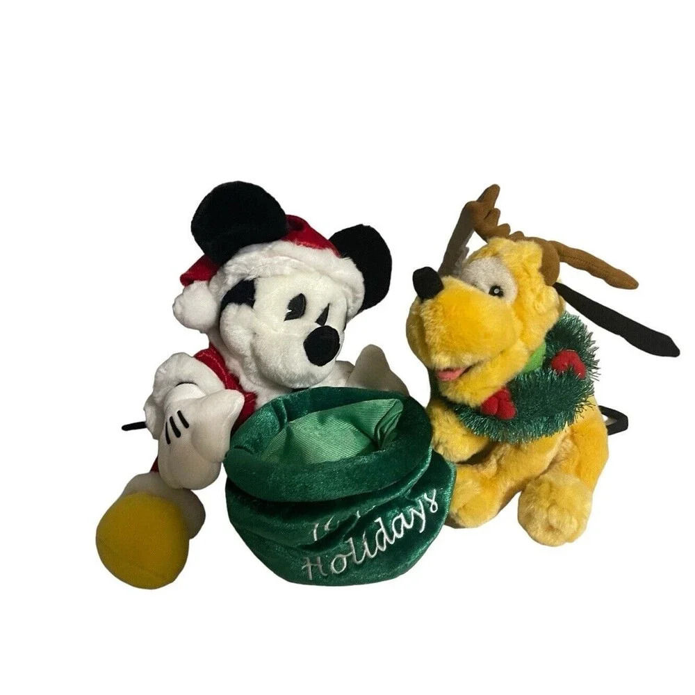 Disneyland Vintage Walt Disney World Mickey & Pluto Happy Holidays Plush RARE